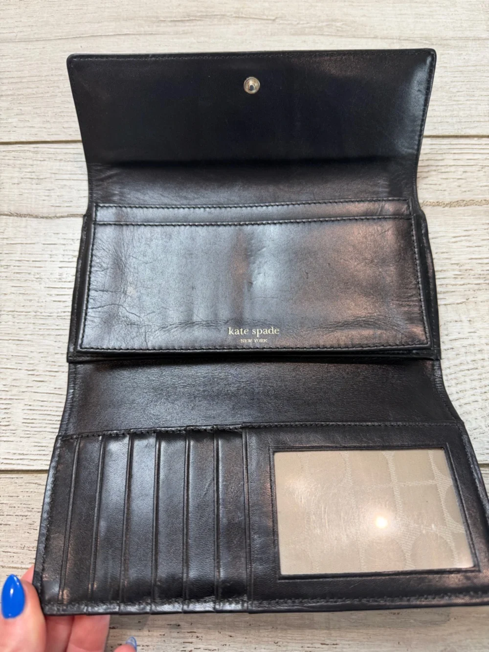 Kate Spade Black Leather Wallet Clutch – Snap Closure, Card Slots, Zip Coin